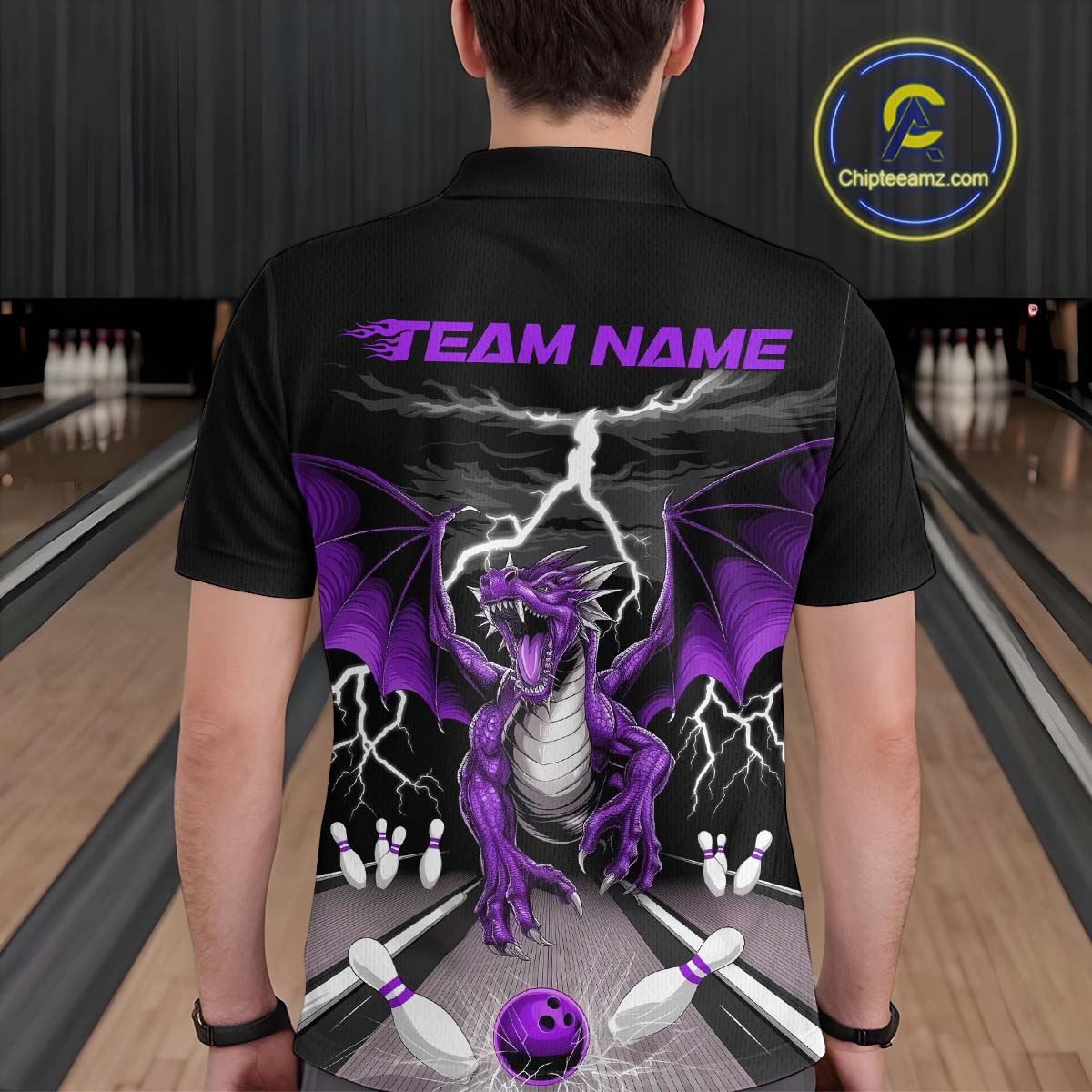 Custom Purple Dragon On The Lane Bowling Polo Shirts For Men, Dragon Bowling Team Shirt IPHW9102