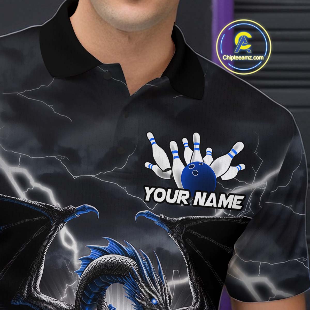 Custom Thunder Lightning Blue Dragon Bowling Team Polo Shirts For Men, Bowling Jerseys IPHW9111