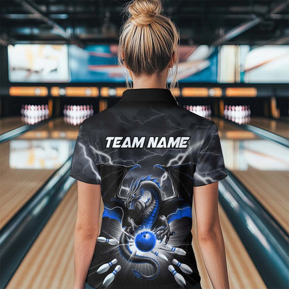 Custom Thunder Lightning Blue Dragon Bowling Team Polo Shirts For Women, Bowling Jerseys IPHW9111