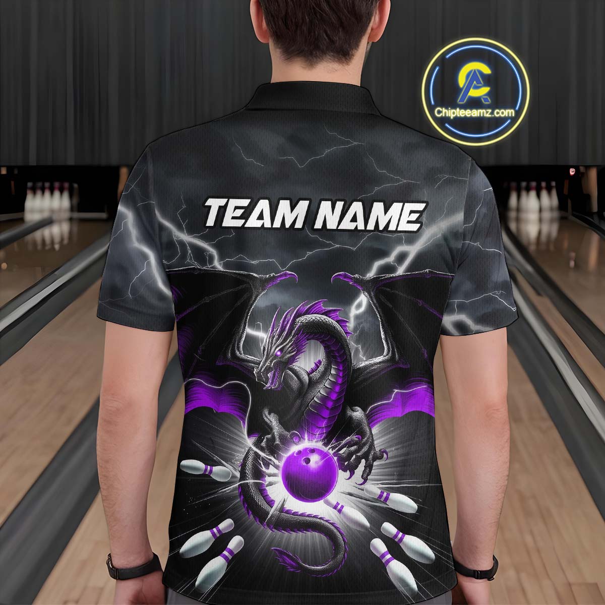 Custom Thunder Lightning Purple Dragon Bowling Team Polo Shirts For Men, Bowling Jerseys IPHW9112