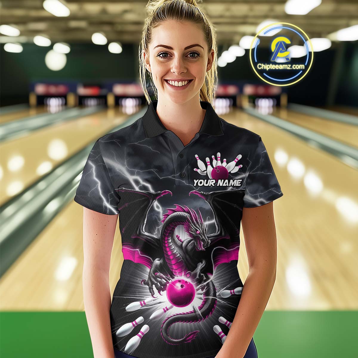 Custom Thunder Lightning Pink Dragon Bowling Team Polo Shirts For Women, Bowling Jerseys IPHW9113