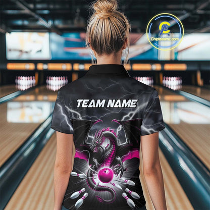 Custom Thunder Lightning Pink Dragon Bowling Team Polo Shirts For Women, Bowling Jerseys IPHW9113