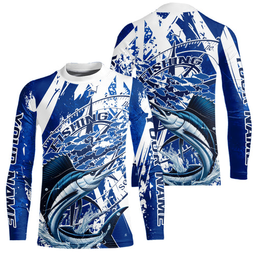 Custom Blue Camo Sailfish Saltwater Fishing Kid Long Sleeve Performance Fishing Shirts IPHW9158