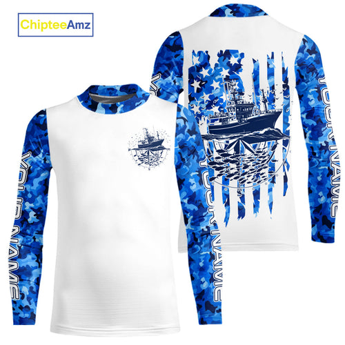 Custom Blue Camo Patriotic Saltwater Kid Long Sleeve Fishing Shirts, Deepsea Fishing Shirt IPHW9164