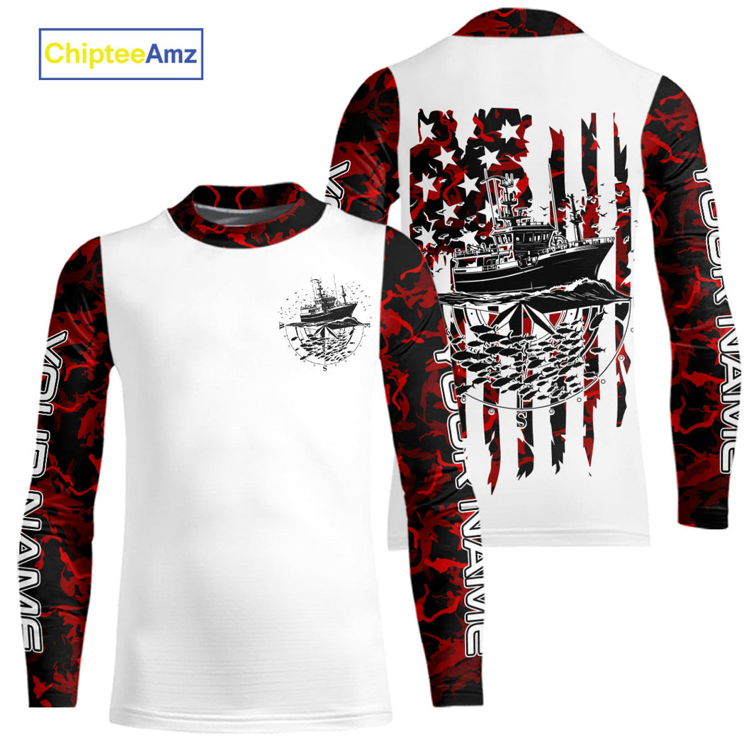 Custom Red Camo Patriotic Saltwater Kid Long Sleeve Fishing Shirts, Deepsea Fishing Shirt IPHW9166