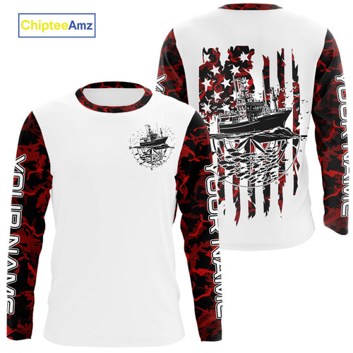 Custom Red Camo Patriotic Saltwater Long Sleeve Performance Fishing Shirts, Deepsea Fishing Shirt IPHW9166