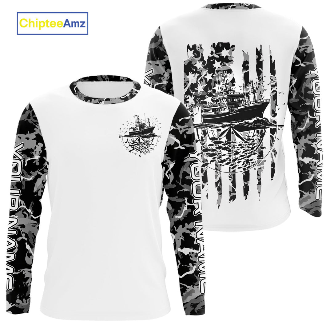 Custom Gray Camo Patriotic Saltwater Long Sleeve Performance Fishing Shirt, Deepsea Fishing Shirt IPHW9167