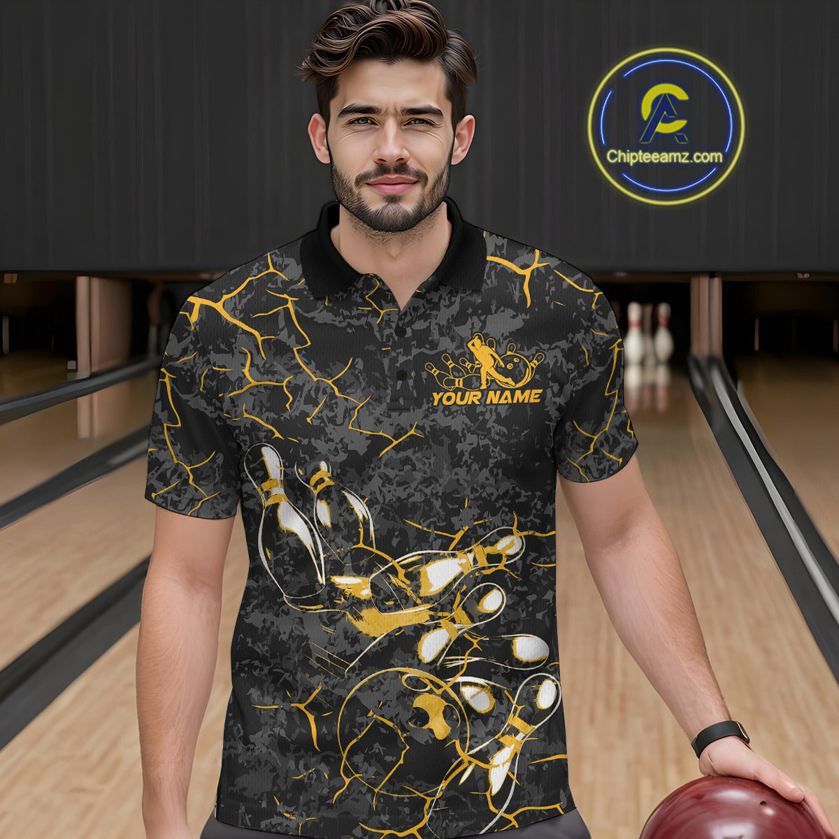 Custom Black And Yellow Camo Bowling Team Polo Shirts For Men, Bowling League Shirt IPHW9371
