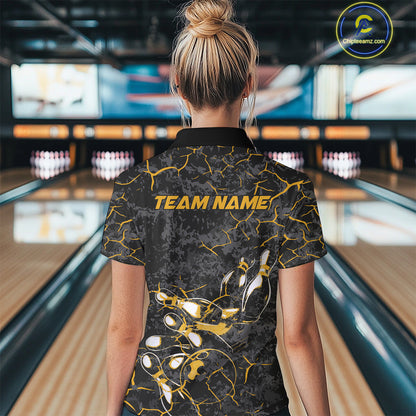 Custom Black And Yellow Camo Bowling Team Polo Shirts For Women, Bowling League Shirt IPHW9371