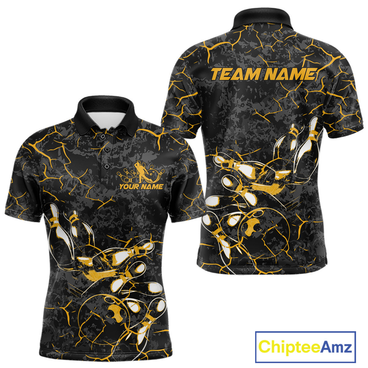 Custom Black And Yellow Camo Bowling Team Polo Shirts For Men, Bowling League Shirt IPHW9371