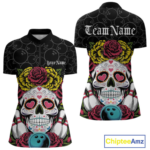 Custom Flower Sugar Skull Bowling Team Women Quarter-Zip Shirts, Halloween Bowler Outfit IPHW9750