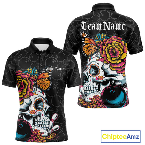 Custom Colorful Sugar Skull Bowling Team Polo Shirts For Men, Halloween Bowler Outfit IPHW9751