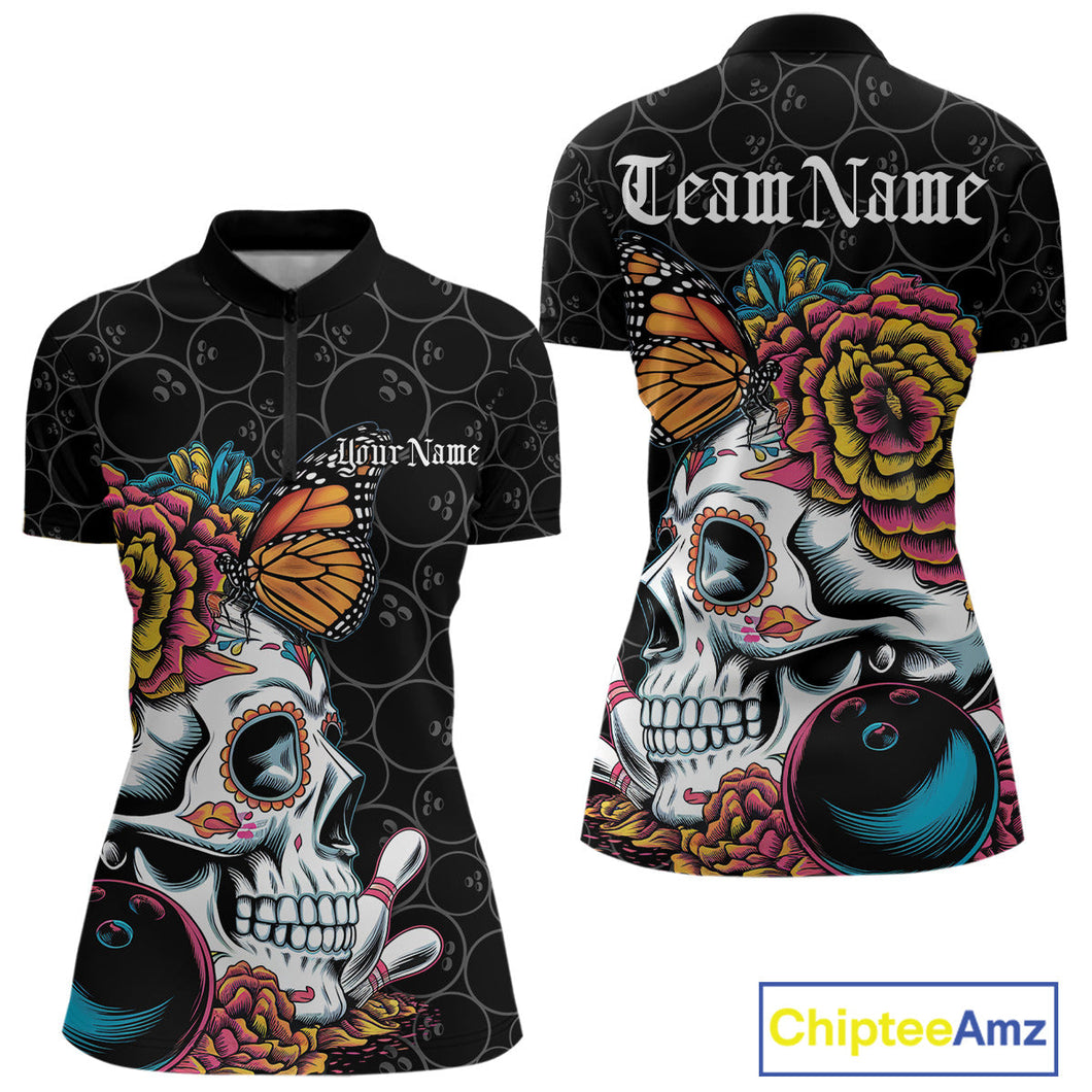 Custom Colorful Sugar Skull Bowling Team Women Quarter-Zip Shirt, Halloween Bowler Outfit IPHW9751
