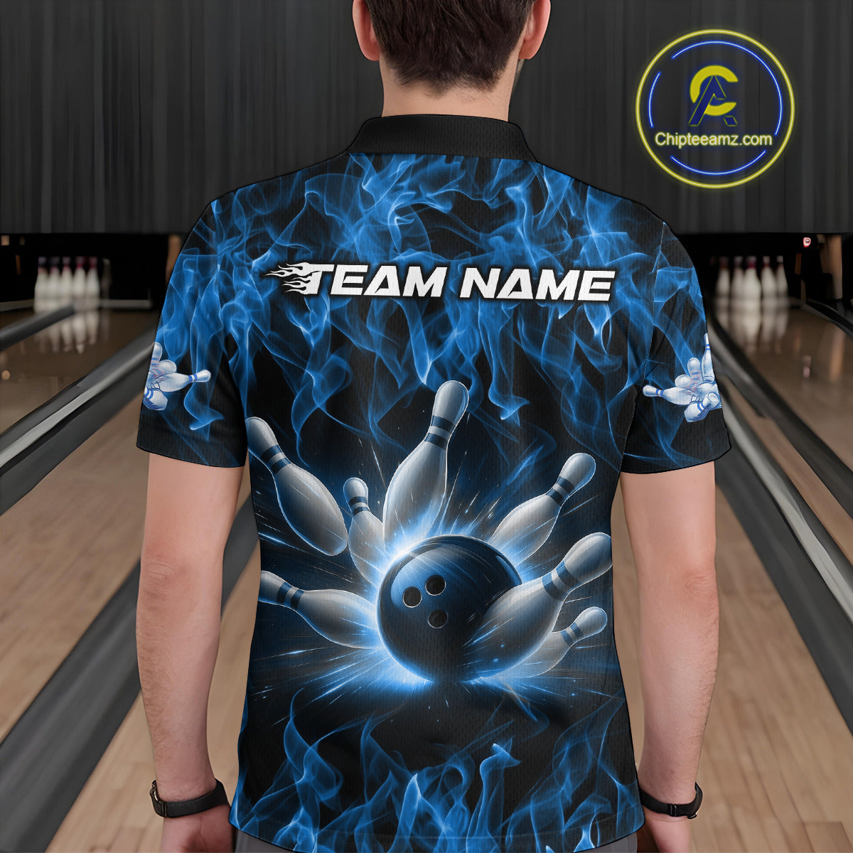 Custom Black And Blue Flame Bowling Team Men Polo Shirts, Bowling Tournament Shirt IPHW9754