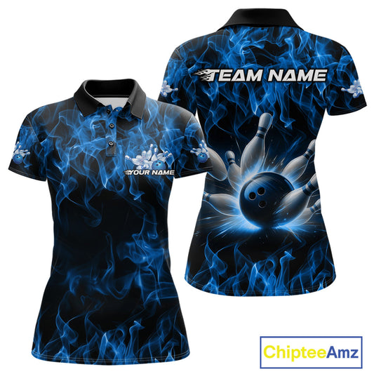 Custom Black And Blue Flame Bowling Team Women Polo Shirts, Bowling Tournament Shirt IPHW9754