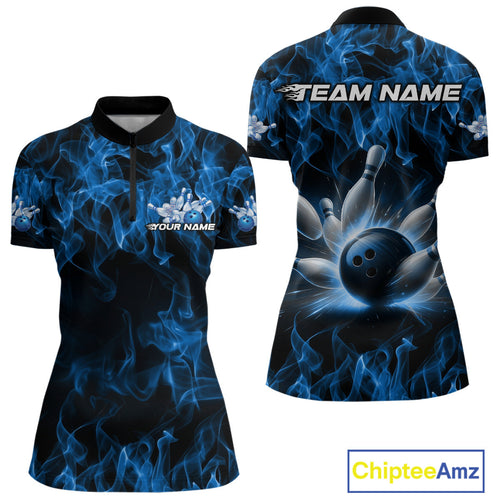 Custom Black And Blue Flame Bowling Women Quarter-Zip Shirts, Bowling Tournament Shirt IPHW9754