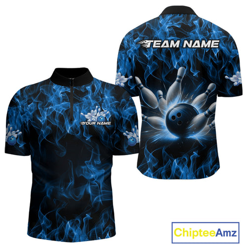 Custom Black And Blue Flame Bowling Team Men Quarter-Zip Shirts, Bowling Tournament Shirt IPHW9754