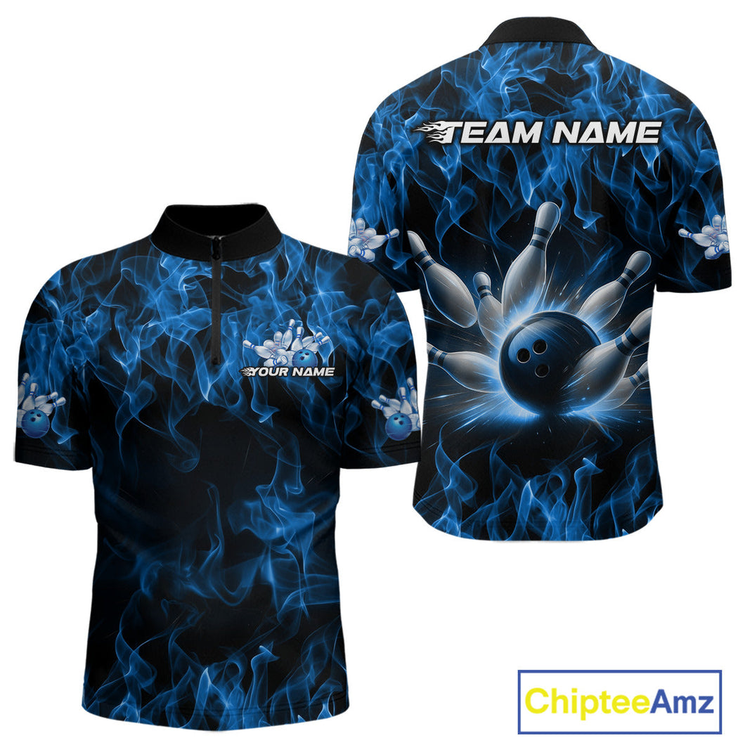 Custom Black And Blue Flame Bowling Team Men Quarter-Zip Shirts, Bowling Tournament Shirt IPHW9754