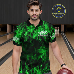 Custom Black And Green Flame Bowling Team Men Polo Shirts, Bowling Tournament Shirt IPHW9755