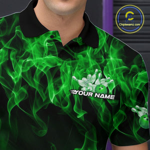 Custom Black And Green Flame Bowling Team Men Polo Shirts, Bowling Tournament Shirt IPHW9755