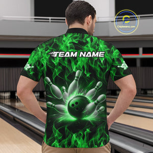 Custom Black And Green Flame Bowling Team Men Quarter-Zip Shirts, Bowling Tournament Shirt IPHW9755