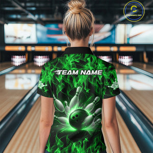 Custom Black And Green Flame Bowling Women Quarter-Zip Shirts, Bowling Tournament Shirt IPHW9755
