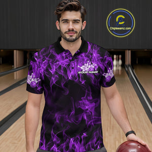 Custom Black And Purple Flame Bowling Team Men Polo Shirts, Bowling Tournament Shirt IPHW9756
