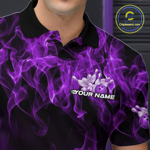 Custom Black And Purple Flame Bowling Team Men Polo Shirts, Bowling Tournament Shirt IPHW9756