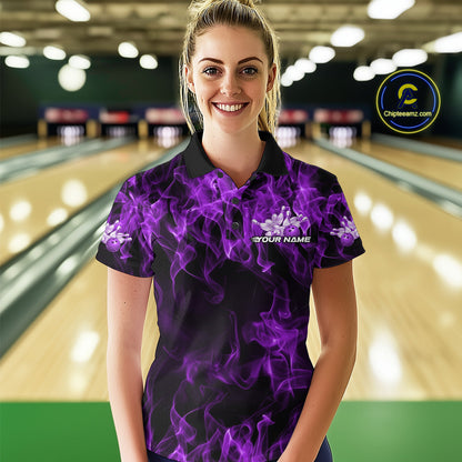 Custom Black And Purple Flame Bowling Team Women Polo Shirts, Bowling Tournament Shirt IPHW9756