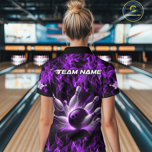 Custom Black And Purple Flame Bowling Women Quarter-Zip Shirts, Bowling Tournament Shirt IPHW9756