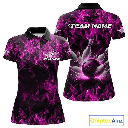 Custom Black And Pink Flame Bowling Team Women Polo Shirts, Bowling Tournament Shirt IPHW9757