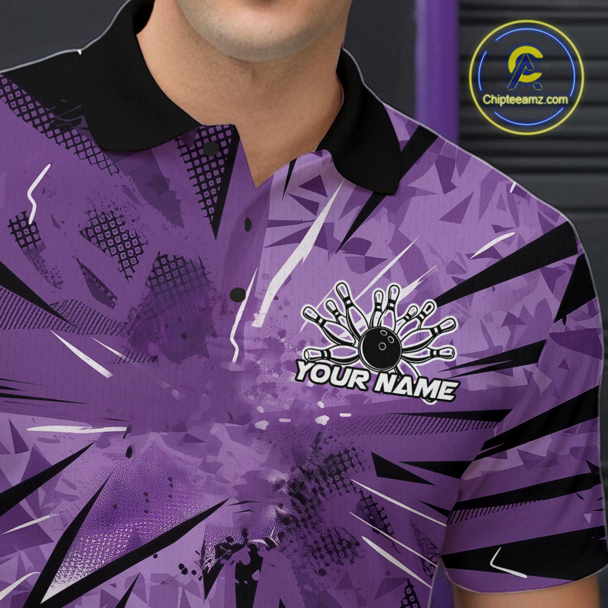 Custom Black And Purple Camouflage Bowling Team Polo Shirts For Men, Bowling League Shirt IPHW9383