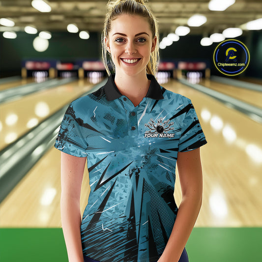 Custom Blue Camouflage Bowling Team Polo Shirts For Women, Bowling League Shirt IPHW9385