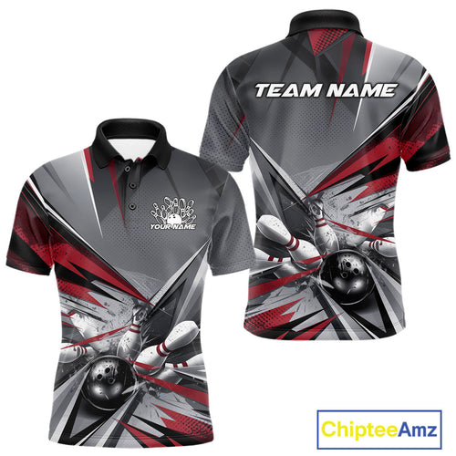 Custom Red And Gray Bowling Polo Team Shirts For Men, Bowler Outfit Bowling League Shirt IPHW9557