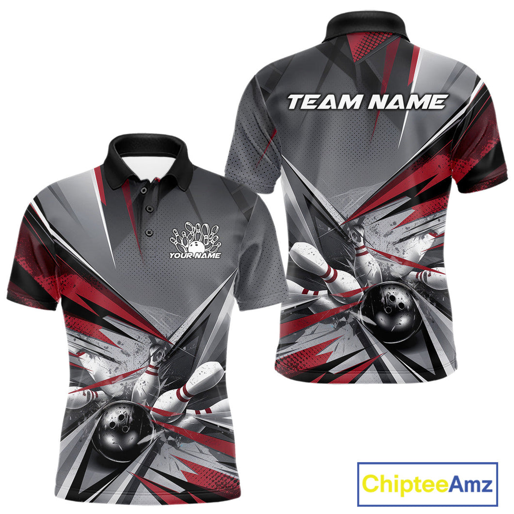 Custom Red And Gray Bowling Polo Team Shirts For Men, Bowler Outfit Bowling League Shirt IPHW9557