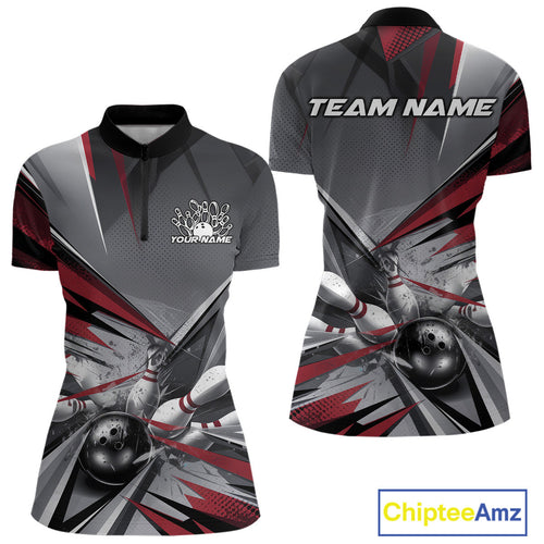Custom Red And Gray Bowling Women Quarter-Zip Shirts, Bowler Outfit Bowling League Shirt IPHW9557