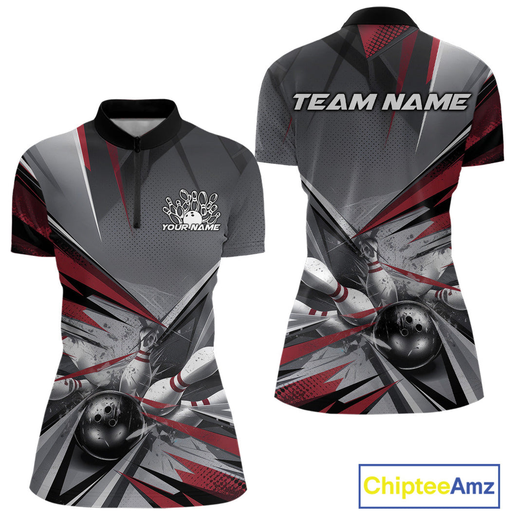 Custom Red And Gray Bowling Women Quarter-Zip Shirts, Bowler Outfit Bowling League Shirt IPHW9557