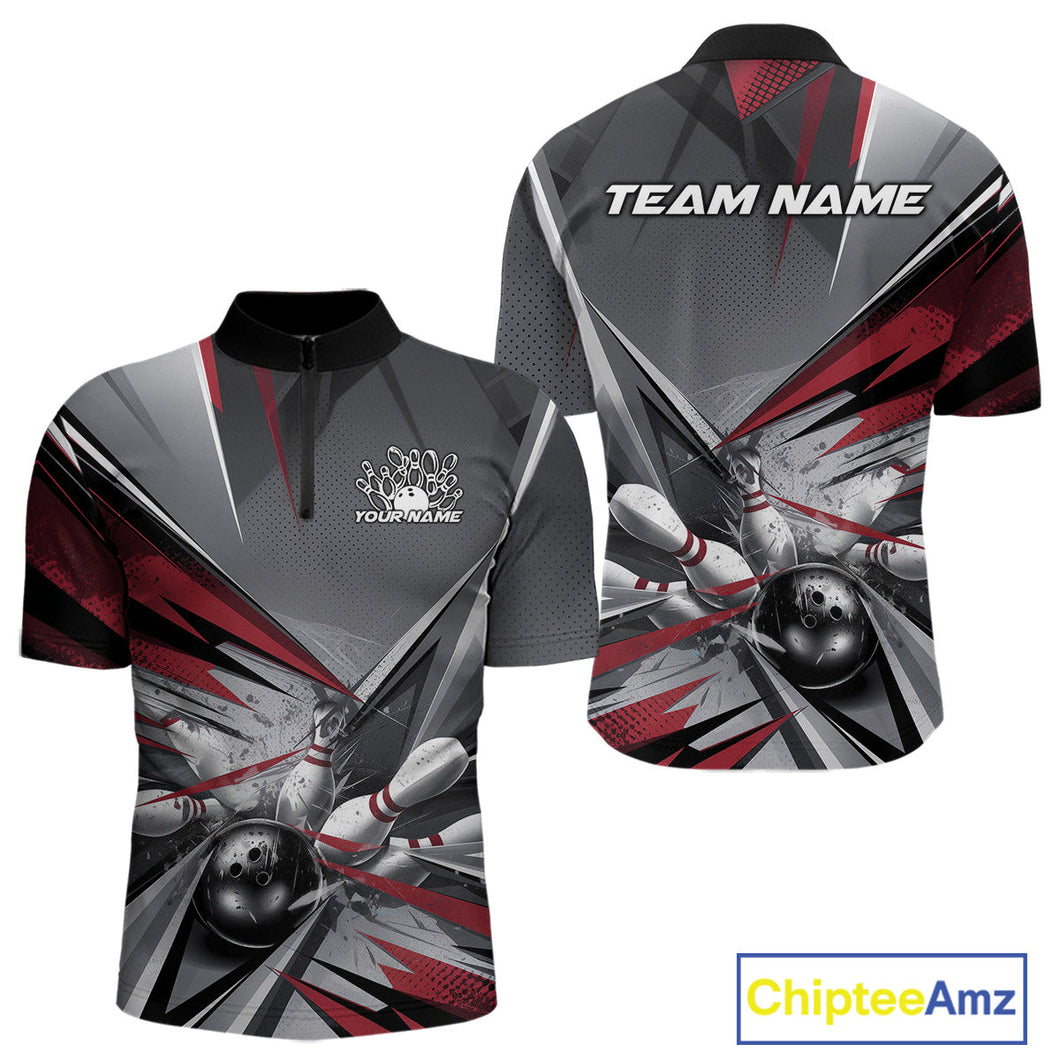 Custom Red And Gray Bowling Quarter-Zip Team Shirts For Men, Bowler Outfit Bowling League Shirt IPHW9557