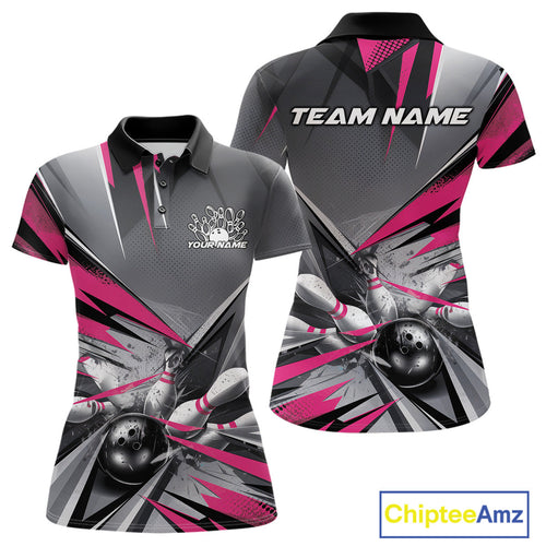 Custom Pink And Gray Bowling Polo Shirts For Women, Bowler Outfit Bowling League Shirt IPHW9558