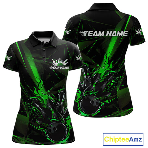 Custom Black And Green Flame Bowling Team Women Polo Shirts, Fire Bowling Jerseys IPHW9613