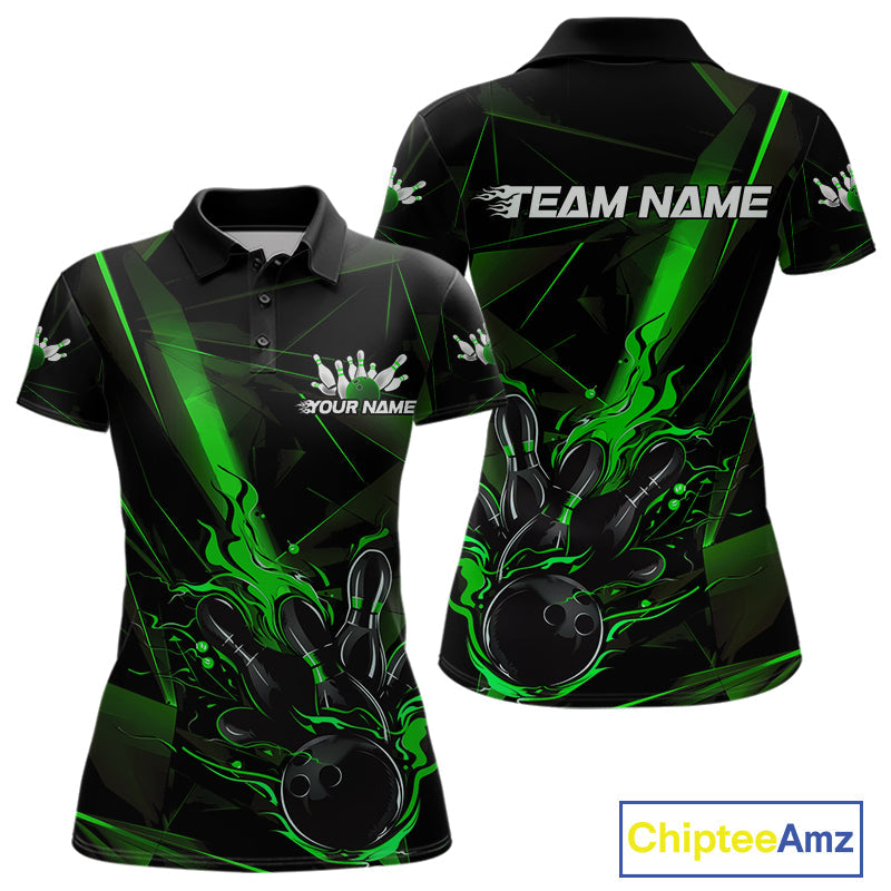 Custom Black And Green Flame Bowling Team Women Polo Shirts, Fire Bowling Jerseys IPHW9613