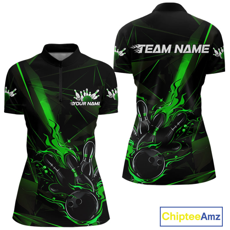 Custom Black And Green Flame Bowling Team Women Quarter-Zip Shirts, Fire Bowling Jerseys IPHW9613