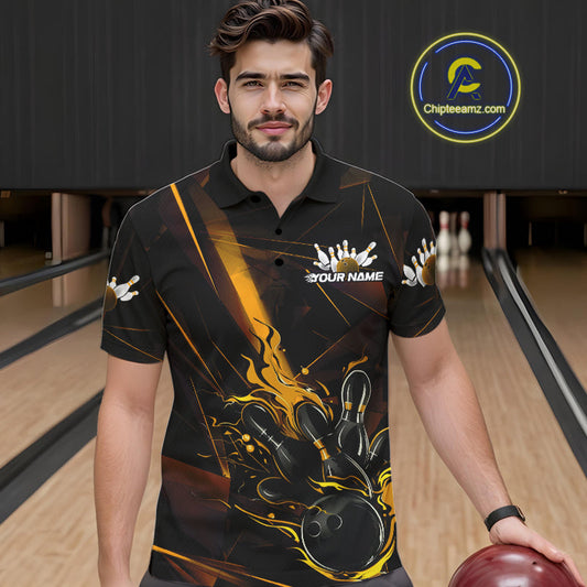 Custom Black And Gold Flame Bowling Team Men Polo Shirts, Fire Bowling Jerseys IPHW9614
