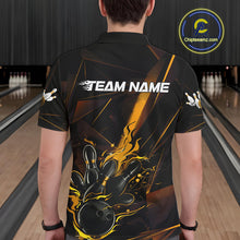 Load image into Gallery viewer, Custom Black And Gold Flame Bowling Team Men Polo Shirts, Fire Bowling Jerseys IPHW9614