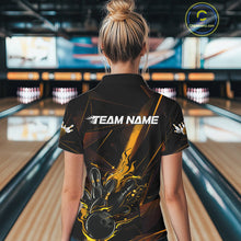 Load image into Gallery viewer, Custom Black And Gold Flame Bowling Team Women Polo Shirts, Fire Bowling Jerseys IPHW9614