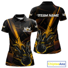 Load image into Gallery viewer, Custom Black And Gold Flame Bowling Team Women Polo Shirts, Fire Bowling Jerseys IPHW9614