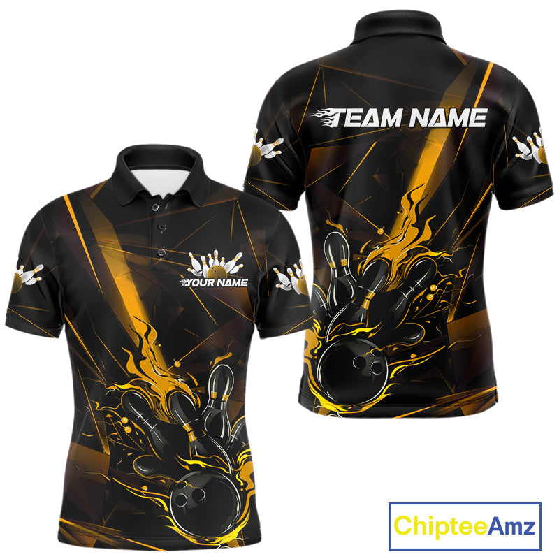Custom Black And Gold Flame Bowling Team Men Polo Shirts, Fire Bowling Jerseys IPHW9614