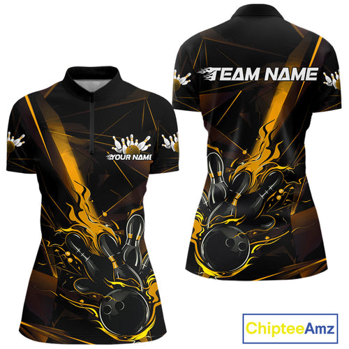 Custom Black And Gold Flame Bowling Team Women Quarter-Zip Shirts, Fire Bowling Jerseys IPHW9614