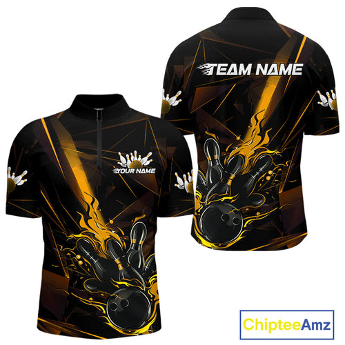Custom Black And Gold Flame Bowling Team Men Quarter-Zip Shirts, Fire Bowling Jerseys IPHW9614