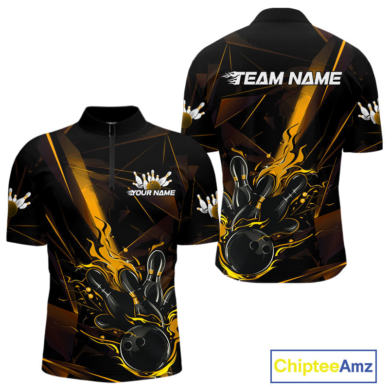 Custom Black And Gold Flame Bowling Team Men Quarter-Zip Shirts, Fire Bowling Jerseys IPHW9614